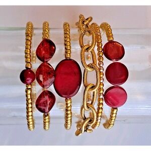 Bohemian Red Glass and Gold Bead Bracelet Stack, 6pc